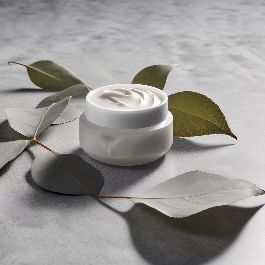Frasco de crema facial sobre una superficie clara con hojas