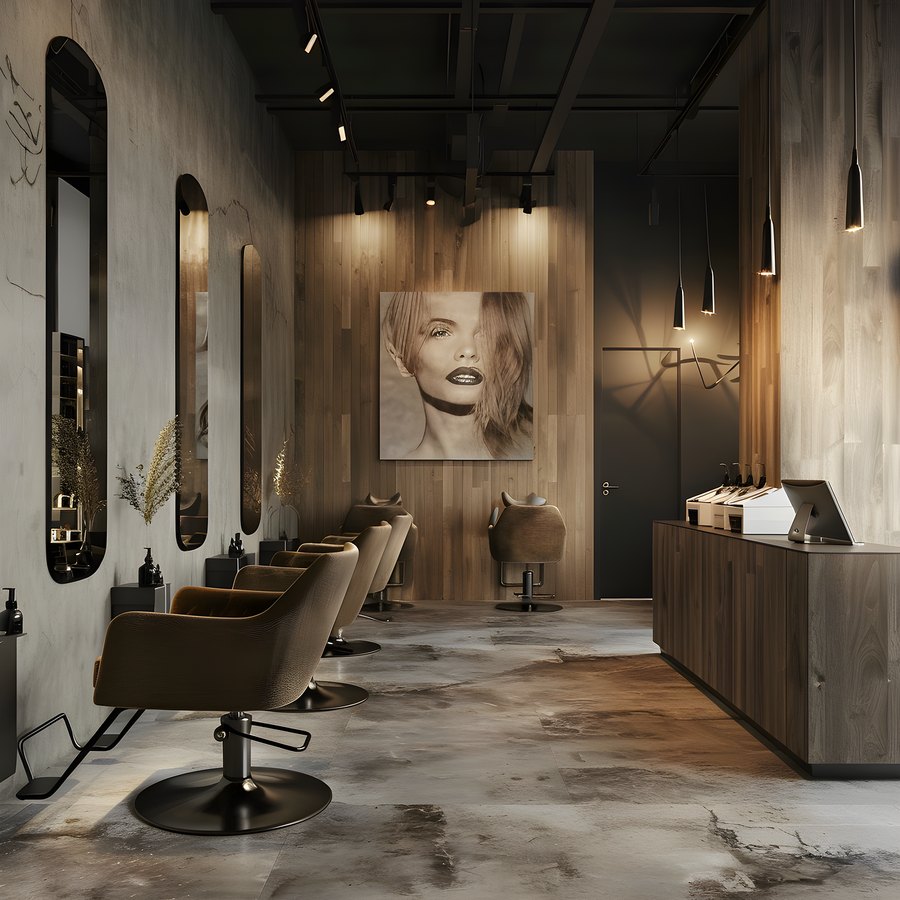 Interior de un salón de peluquería con sillones, espejos y madera